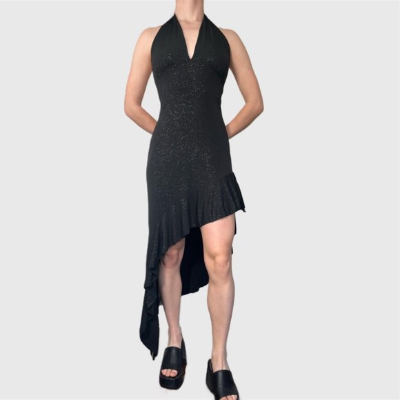 Vintage Y2K Halter Dress, 00s Black Sparkly Sexy Asymmetrical Formal Dress - Picture 2 of 10